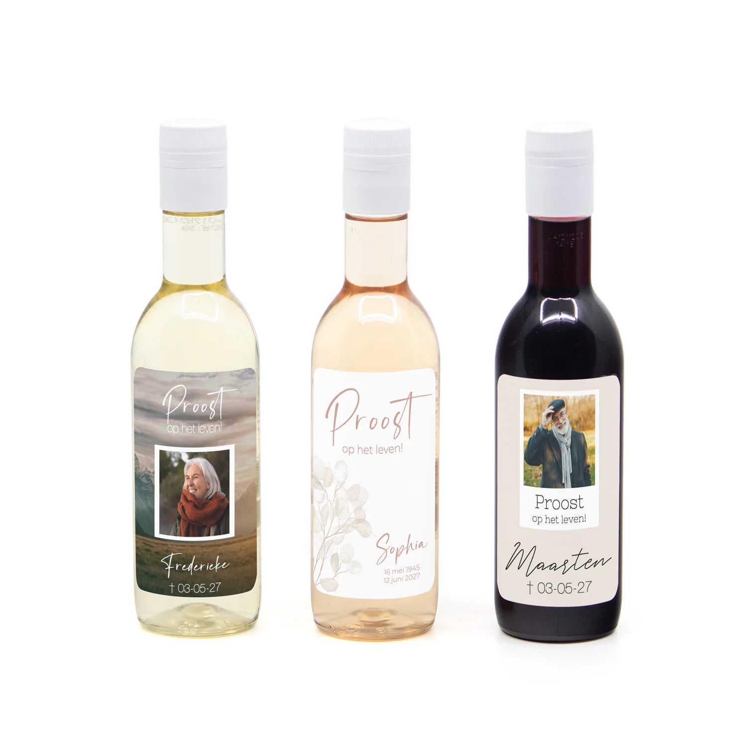 Klein flesje wijn met eigen etiket - Afscheid Dierbare - Bedankjes.nl