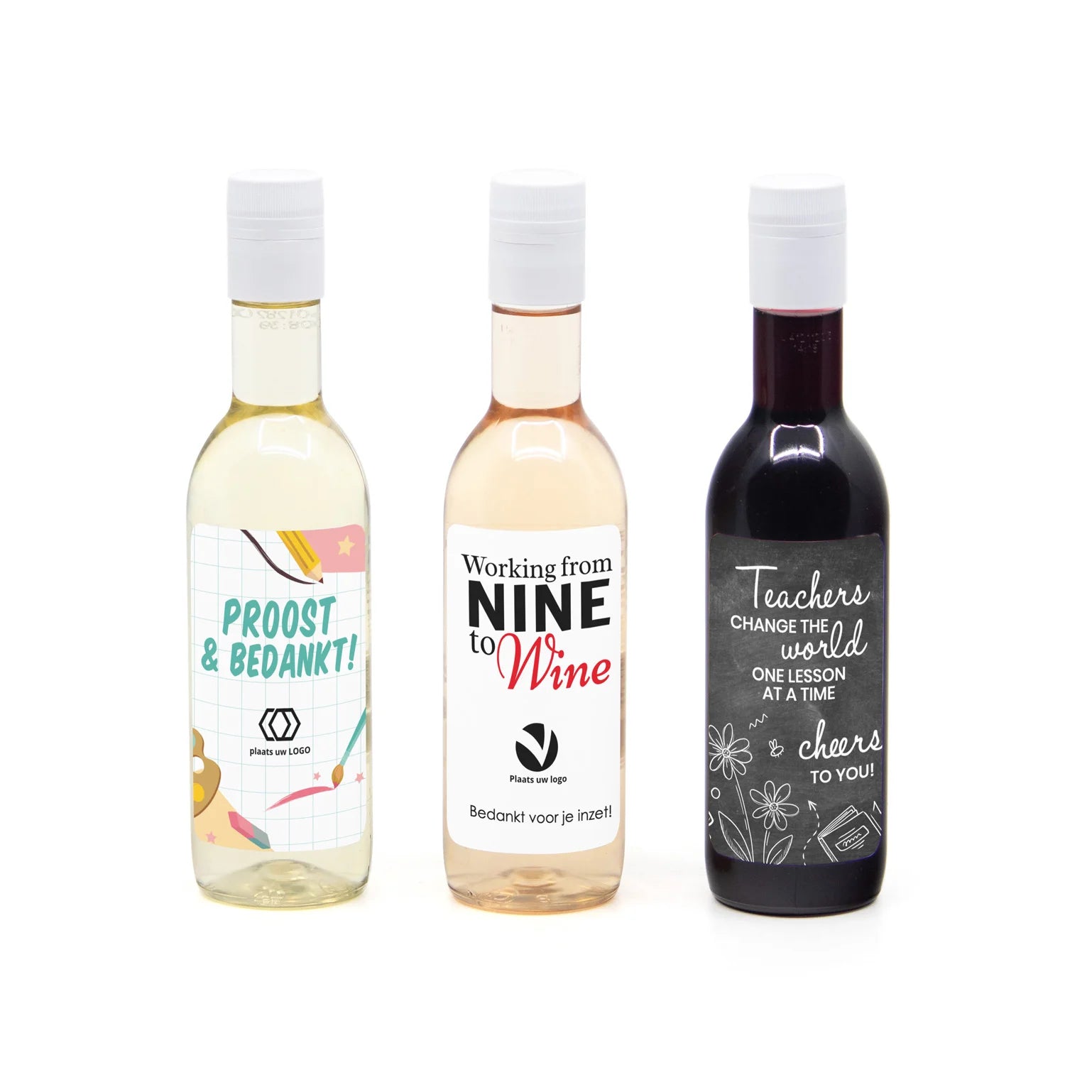 Klein flesje wijn met eigen logo op etiket - Leraar - Bedankjes.nl