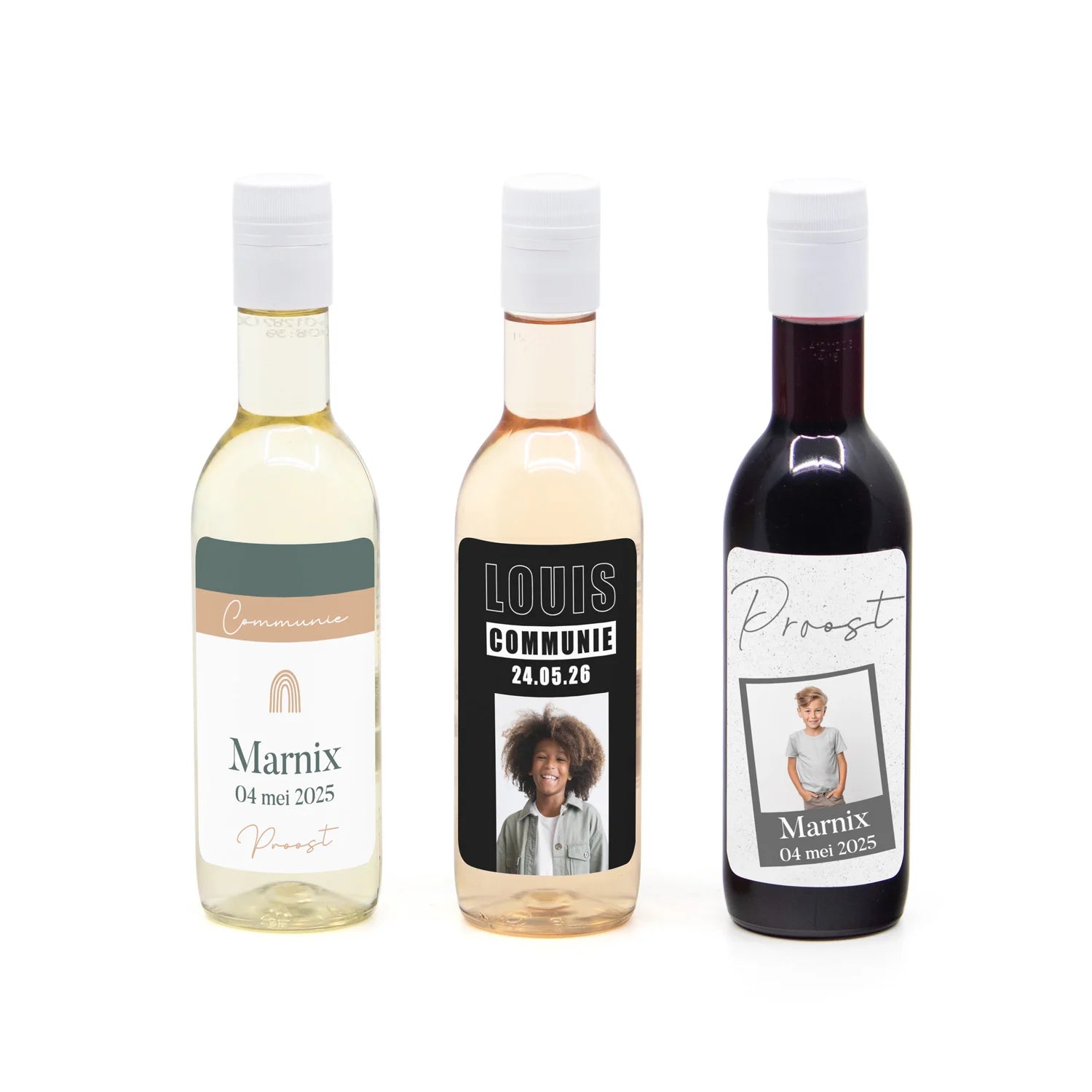 Klein flesje wijn met eigen etiket - Communie jongens - Bedankjes.nl