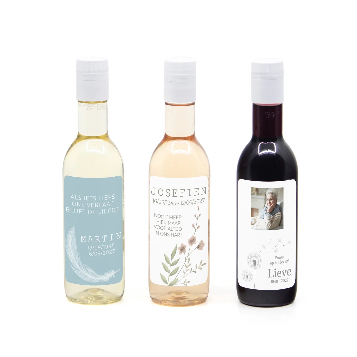 Klein flesje wijn met eigen etiket - Afscheid Dierbare - Bedankjes.nl