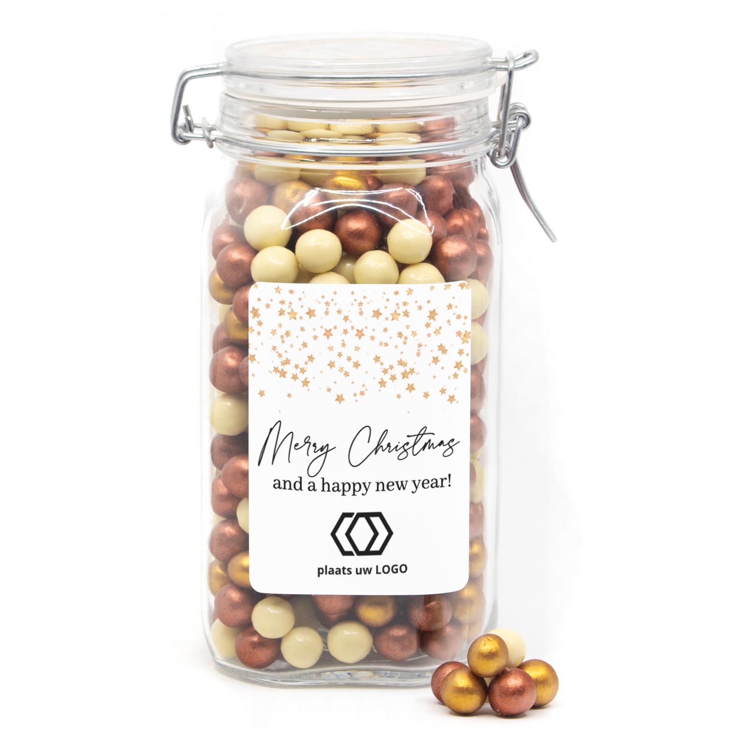 Grote pot met chocopearls met eigen logo - Kerst - Bedankjes.nl