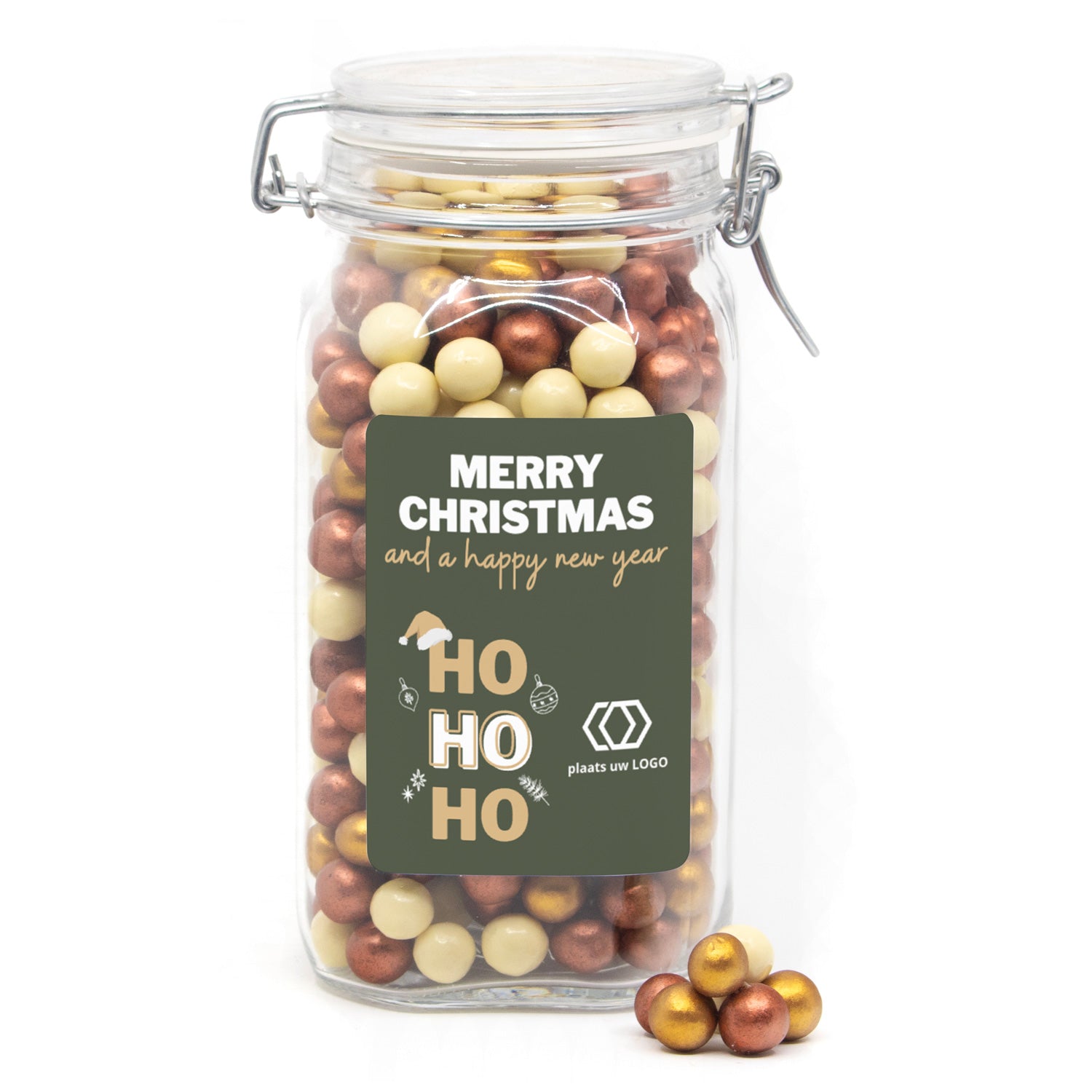 Grote pot met chocopearls met eigen logo - Kerst - Bedankjes.nl