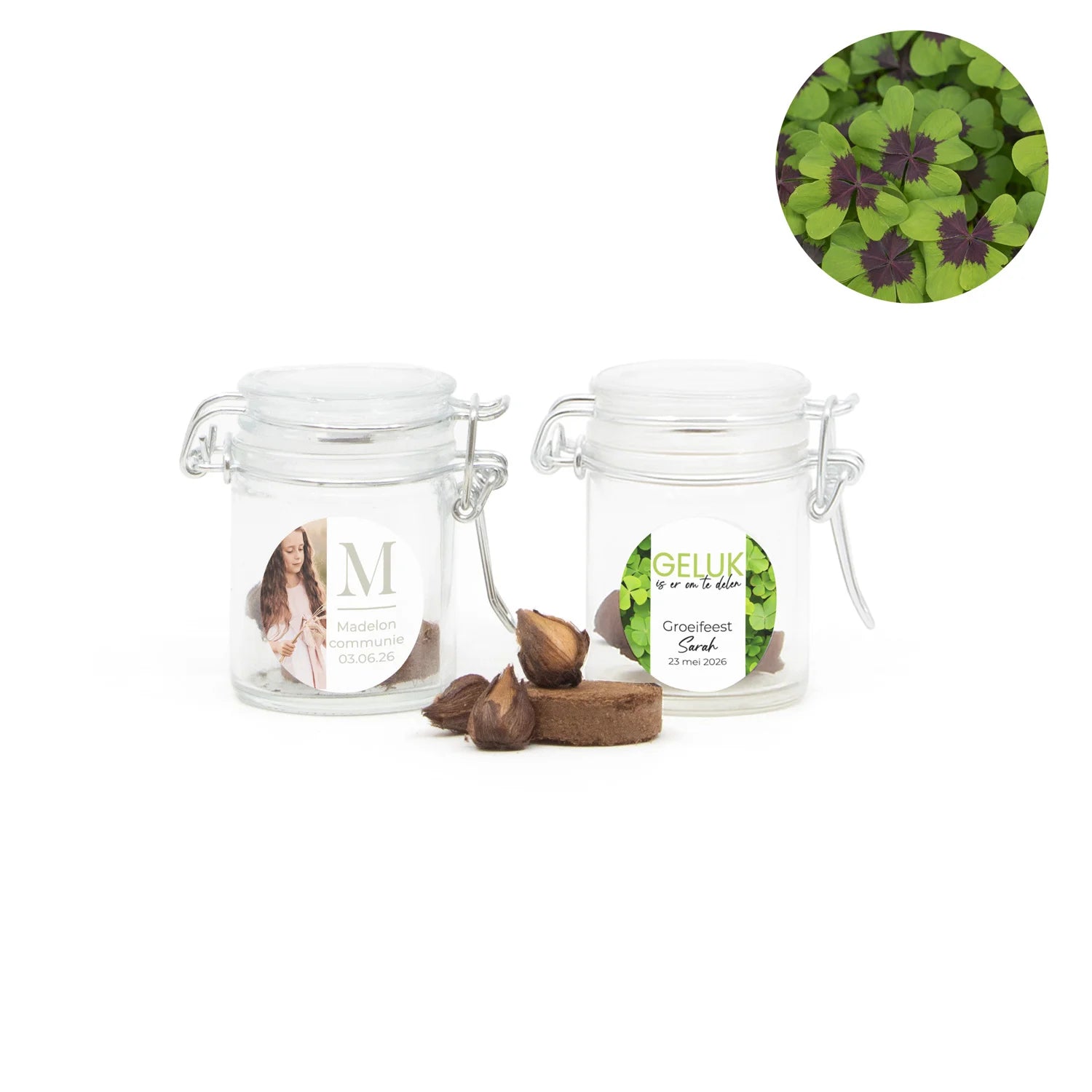 Klavertje vier in mini weckpotje - Communie meisjes - Bedankjes.nl