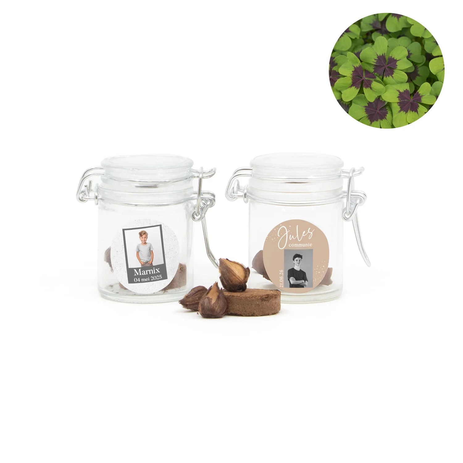 Klavertje vier in mini weckpotje - Communie jongens - Bedankjes.nl