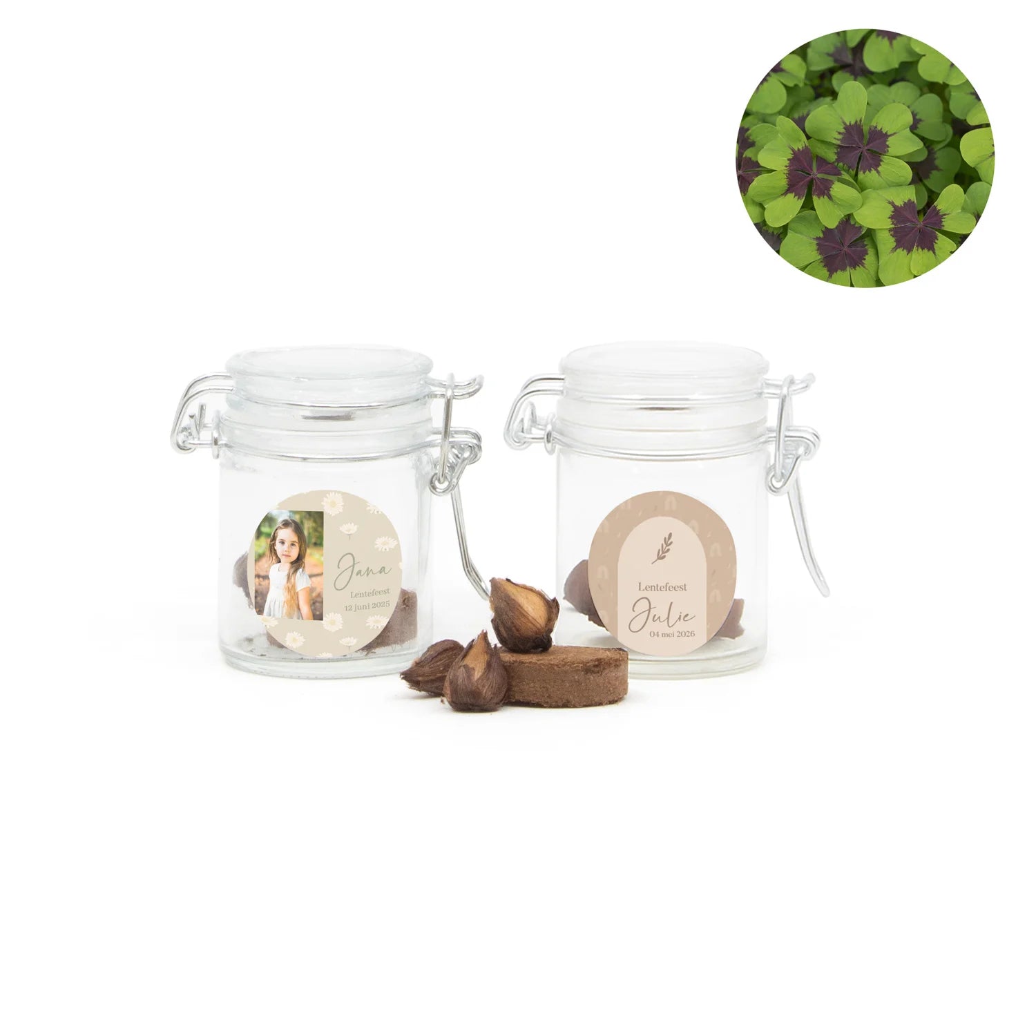 Klavertje vier in mini weckpotje - Communie meisjes - Bedankjes.nl