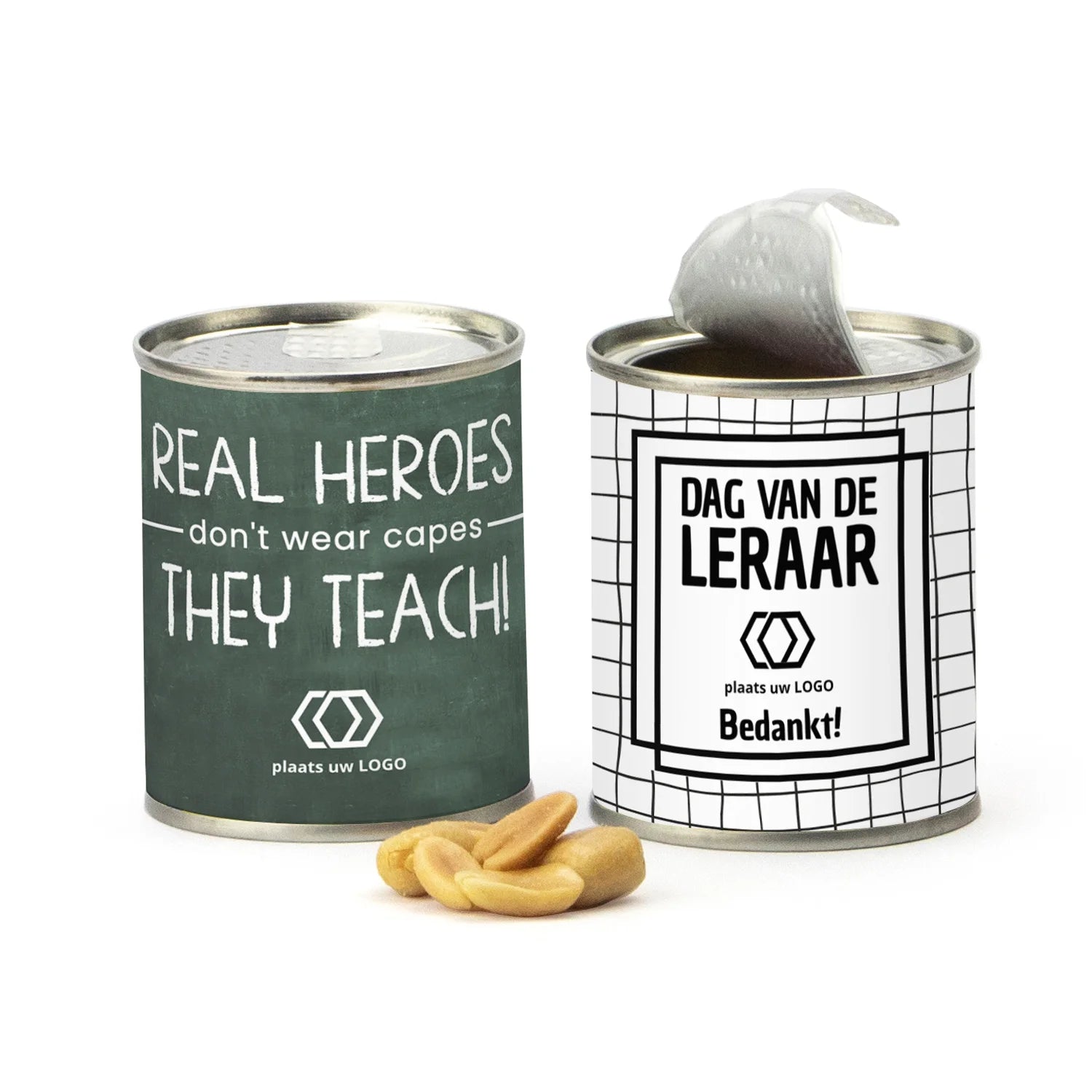 Blikje Zoute pinda's met logo - Leraar - Bedankjes.nl