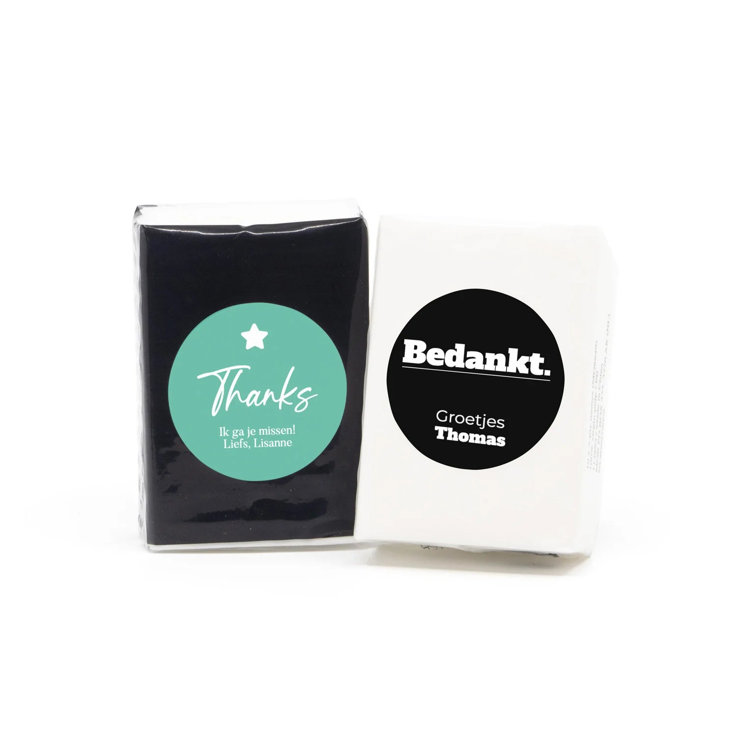 Zakdoekjes met eigen etiket - Afscheid collega - Bedankjes.nl