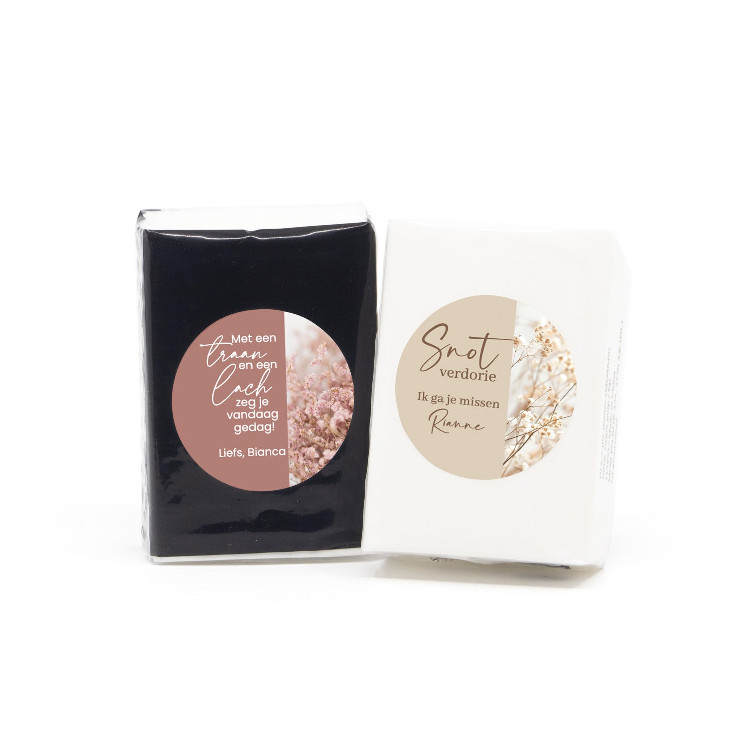 Zakdoekjes met eigen etiket - Afscheid collega - Bedankjes.nl