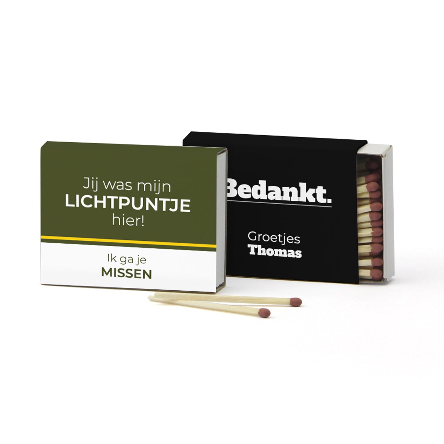 Luciferdoosje met eigen etiket- Afscheid collega - Bedankjes.nl