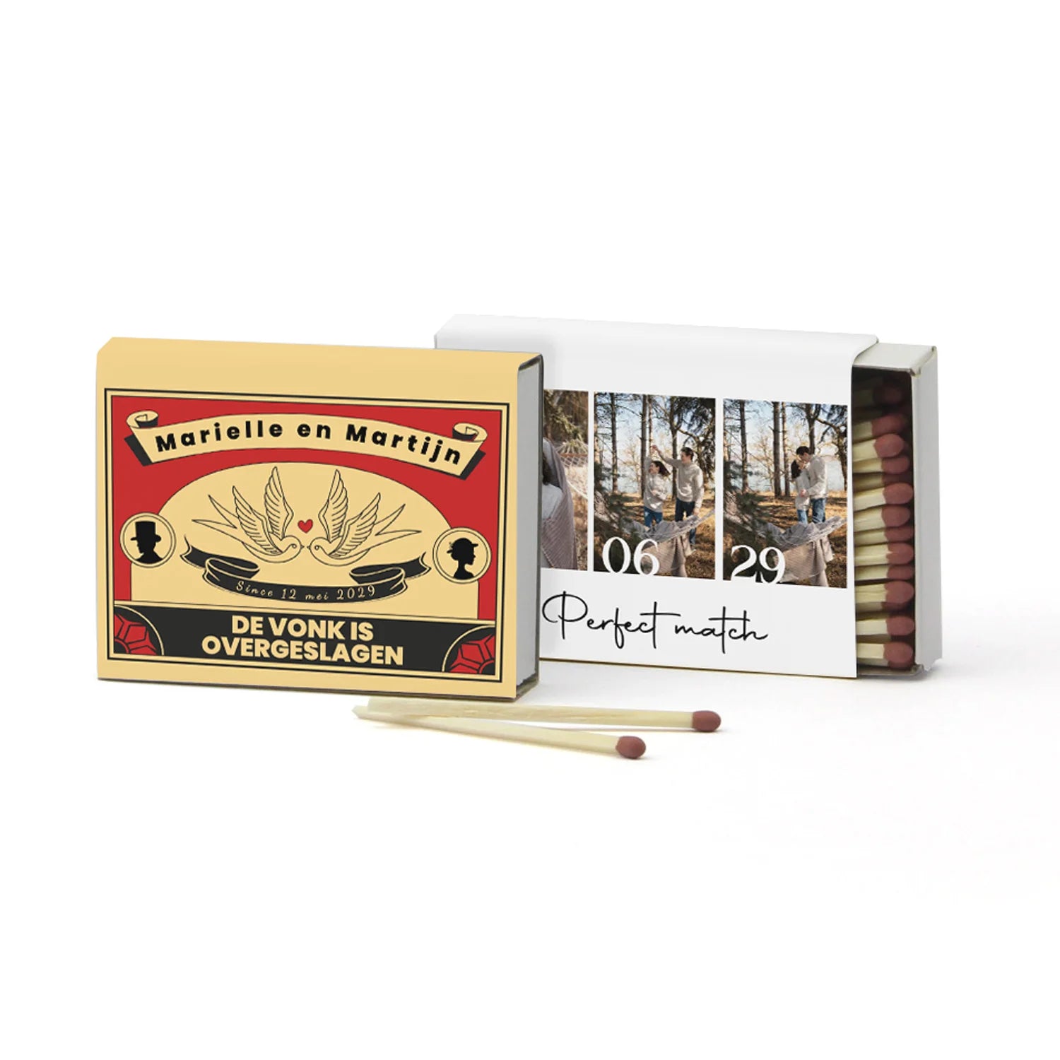 The perfect match! Luciferdoosje met eigen tekst - Trouwen - Bedankjes.nl