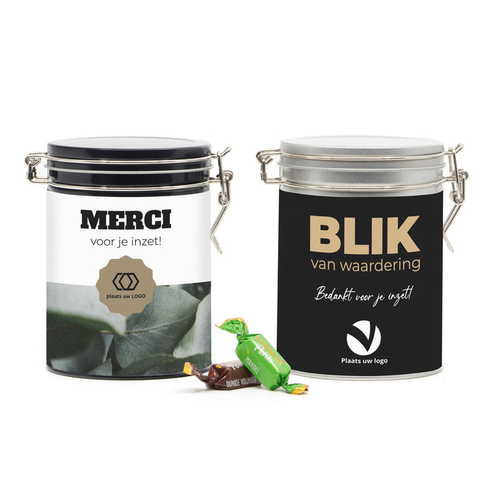 Beugelblik Merci petits met eigen wikkel - Zakelijk Beugelblik Merci petits met eigen wikkel - Zakelijk