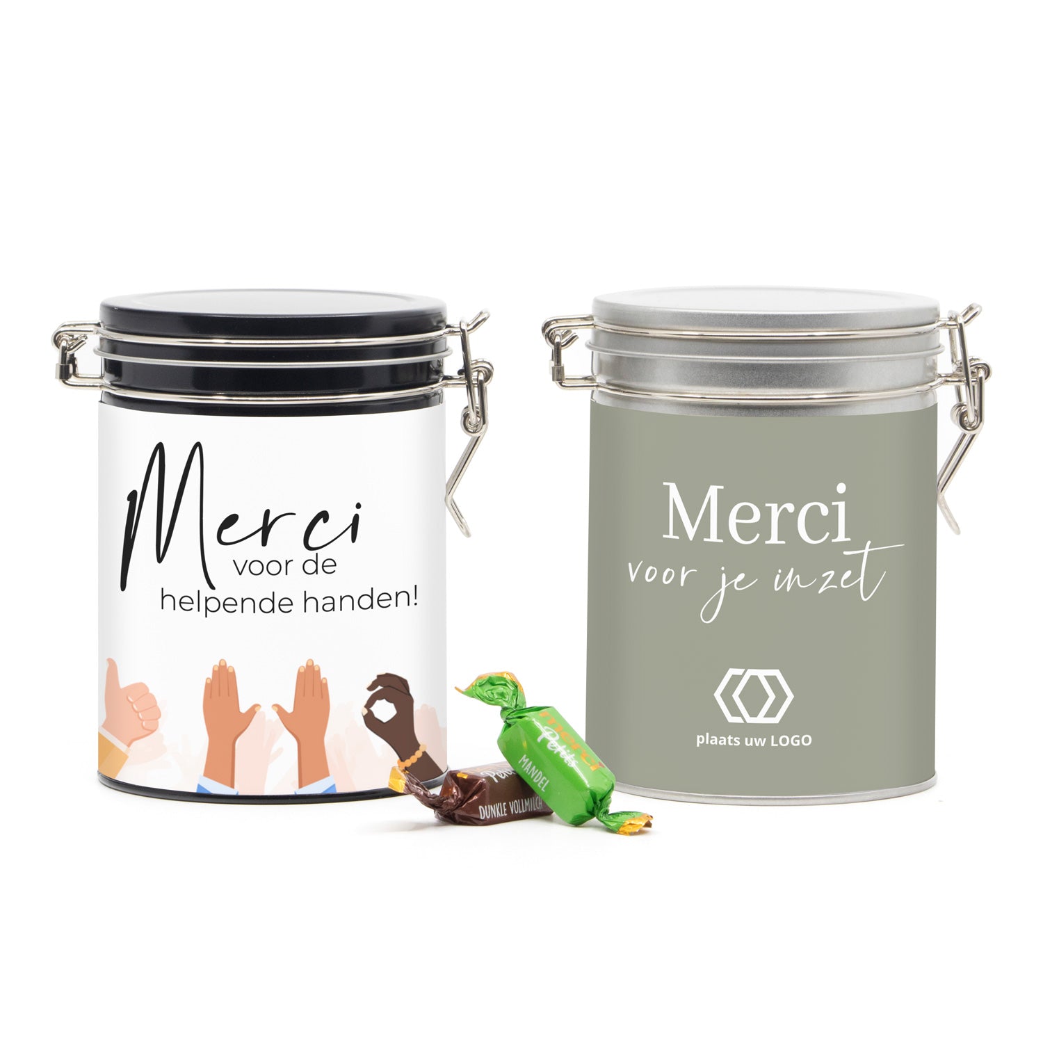 Beugelblik Merci petits met eigen wikkel - Zakelijk - Bedankjes.nl