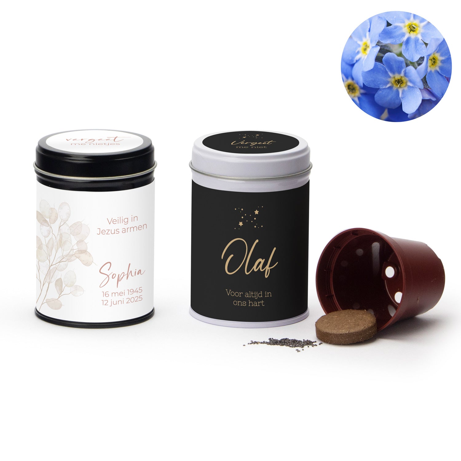 Vergeet mij nietjes met eigen wikkel - Afscheid Dierbare - Bedankjes.nl