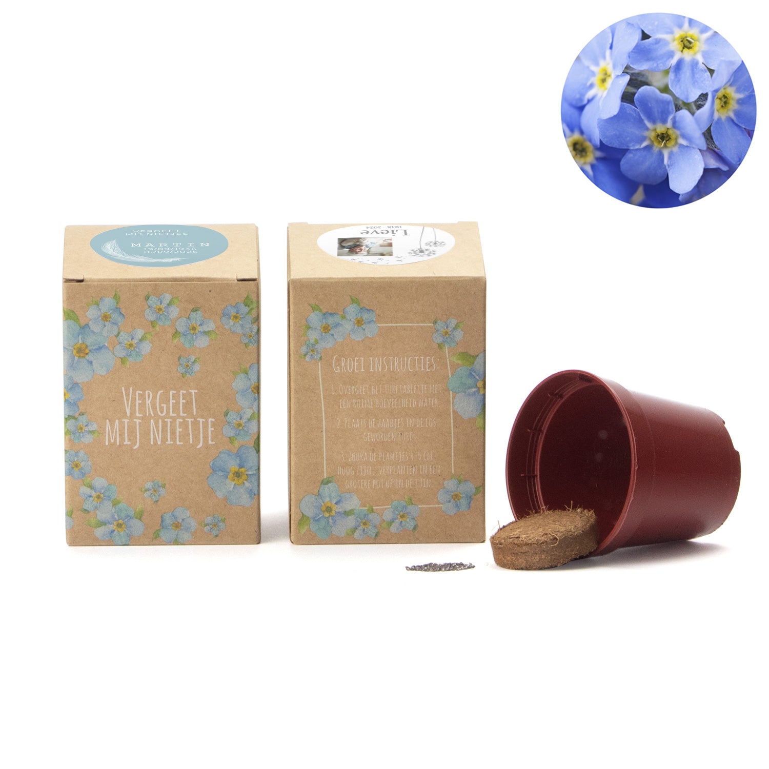 Vergeet mij nietjes kweekset met eigen etiket - Afscheid Dierbare - Bedankjes.nl