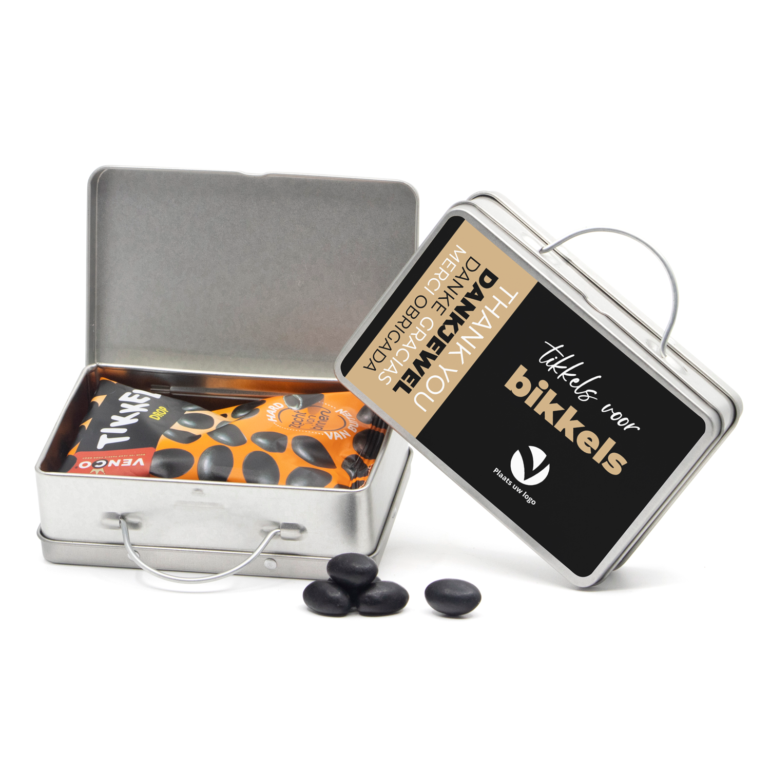 Tikkels voor bikkels in blikken koffertje - Zakelijk - Bedankjes.nl