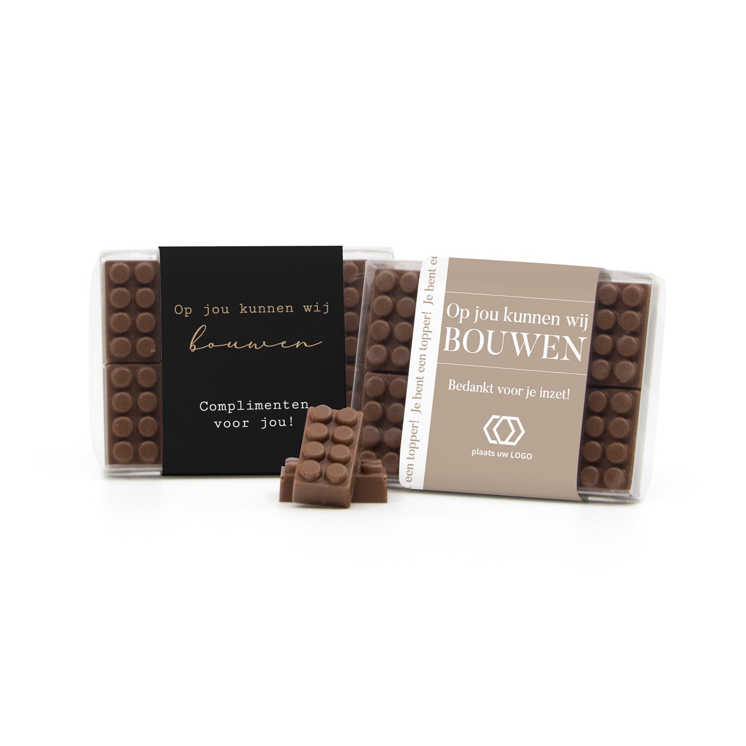 Doosje met 10 chocolade bouwstenen eigen sleeve - Compliment - Bedankjes.nl