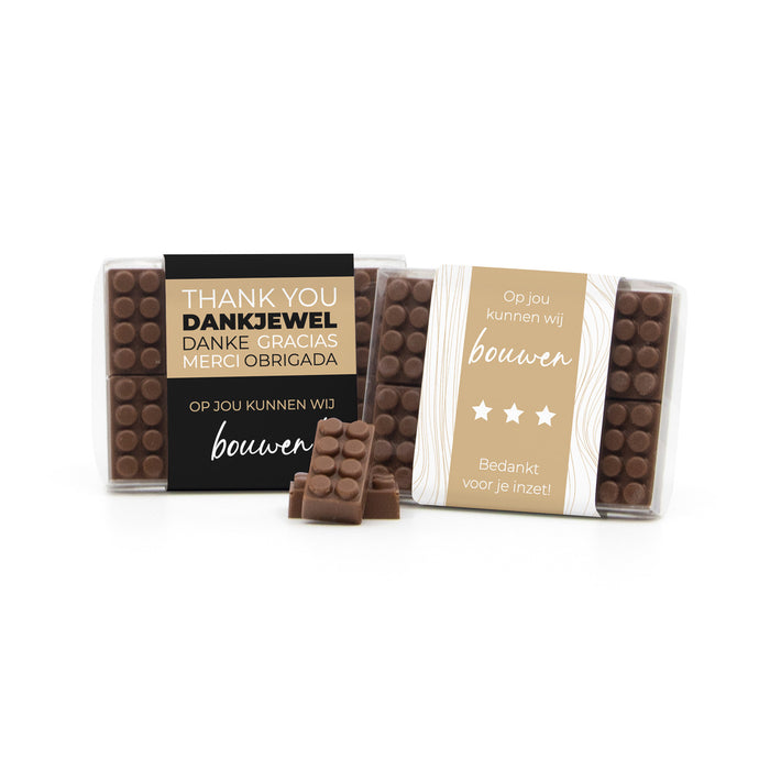 Doosje met 10 chocolade bouwstenen eigen sleeve - Zakelijk Doosje met 10 chocolade bouwstenen eigen sleeve - Zakelijk