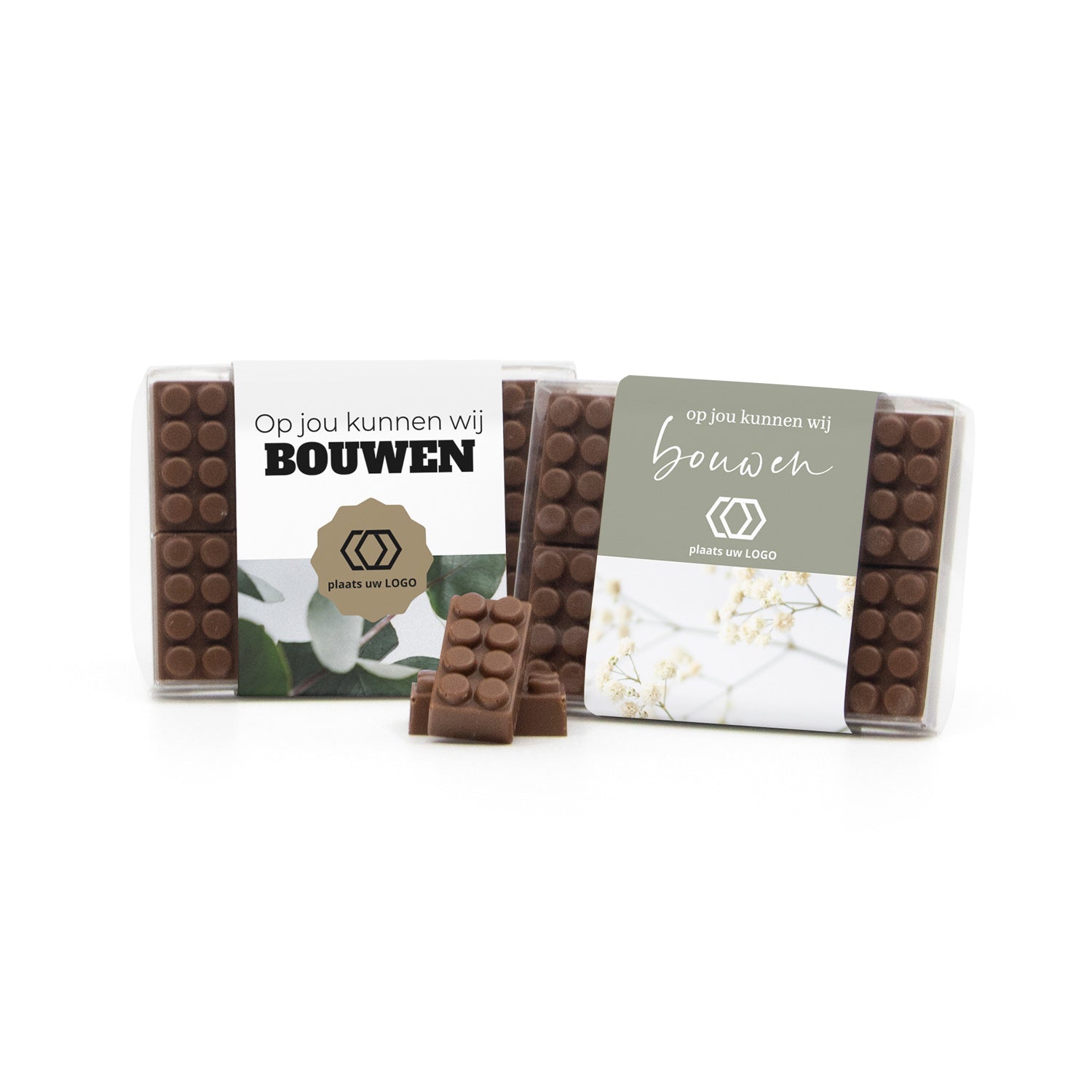 Doosje met 10 chocolade bouwstenen eigen sleeve - Zakelijk - Bedankjes.nl