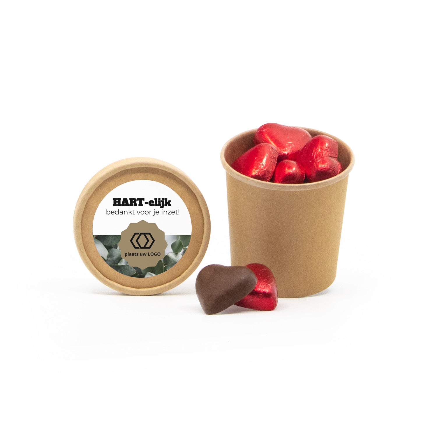 Bio kraftbekertje met Chocolade harten - Compliment - Bedankjes.nl