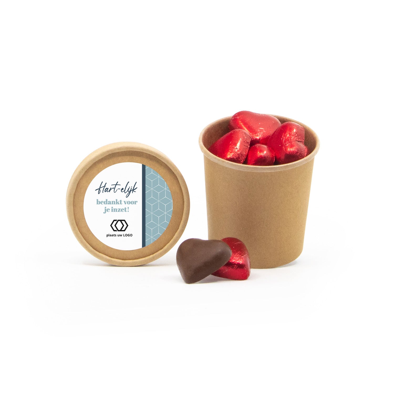 Bio kraftbekertje met Chocolade harten - Compliment - Bedankjes.nl
