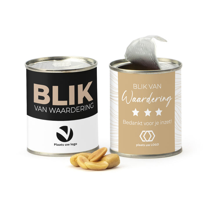 Blikje Zoute pinda's met logo - Zakelijk Blikje Zoute pinda's met logo - Zakelijk