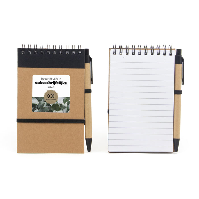Notitieboekje met balpen en eigen etiket - Zakelijk Notitieboekje met balpen en eigen etiket - Zakelijk