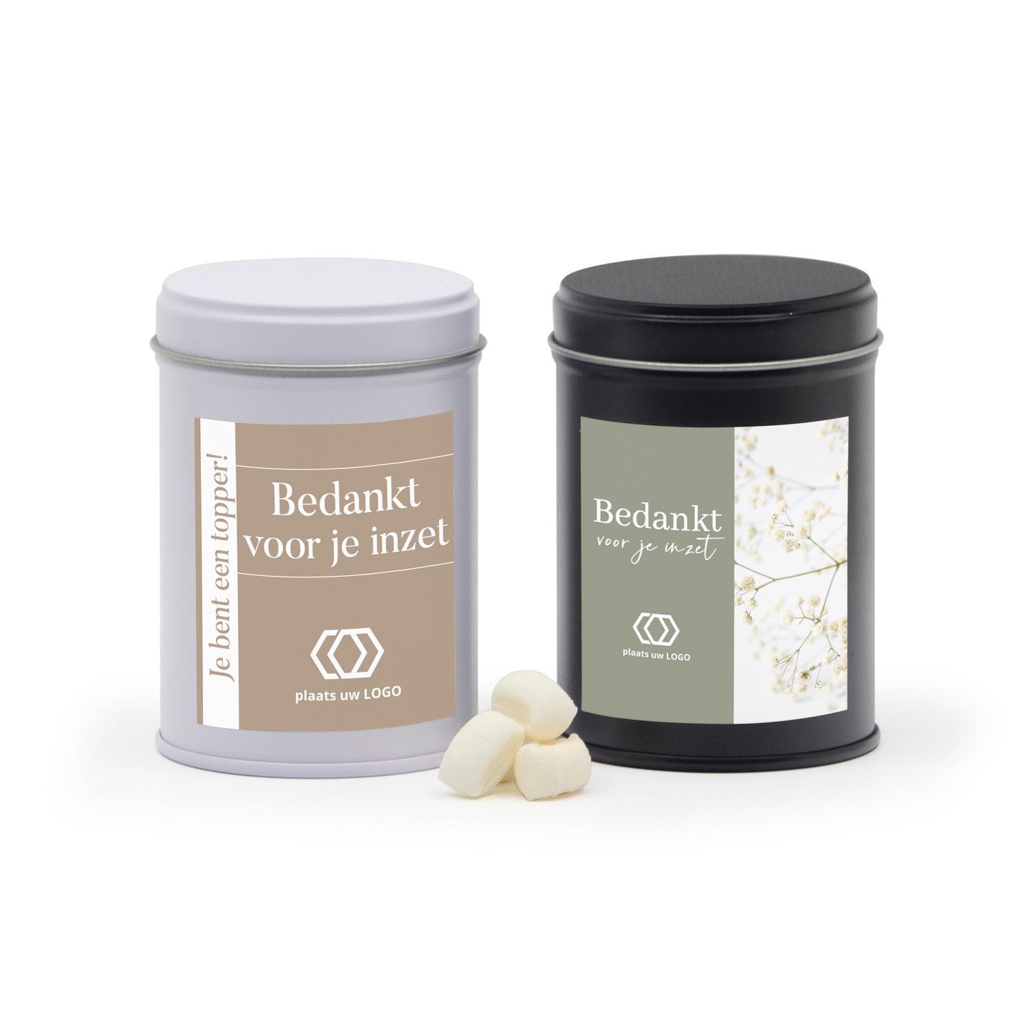 Blik met snoep en eigen etiket - Zakelijk - Bedankjes.nl