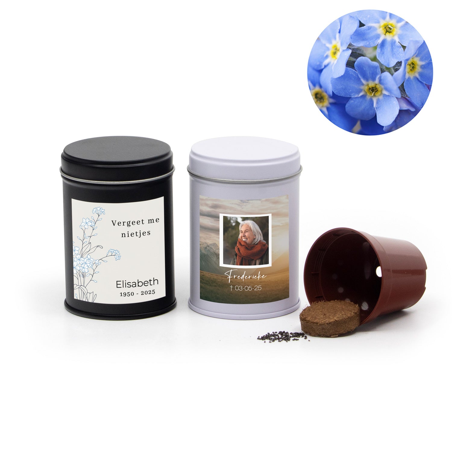 Vergeet mij nietjes in blikje met eigen etiket - Afscheid Dierbare - Bedankjes.nl