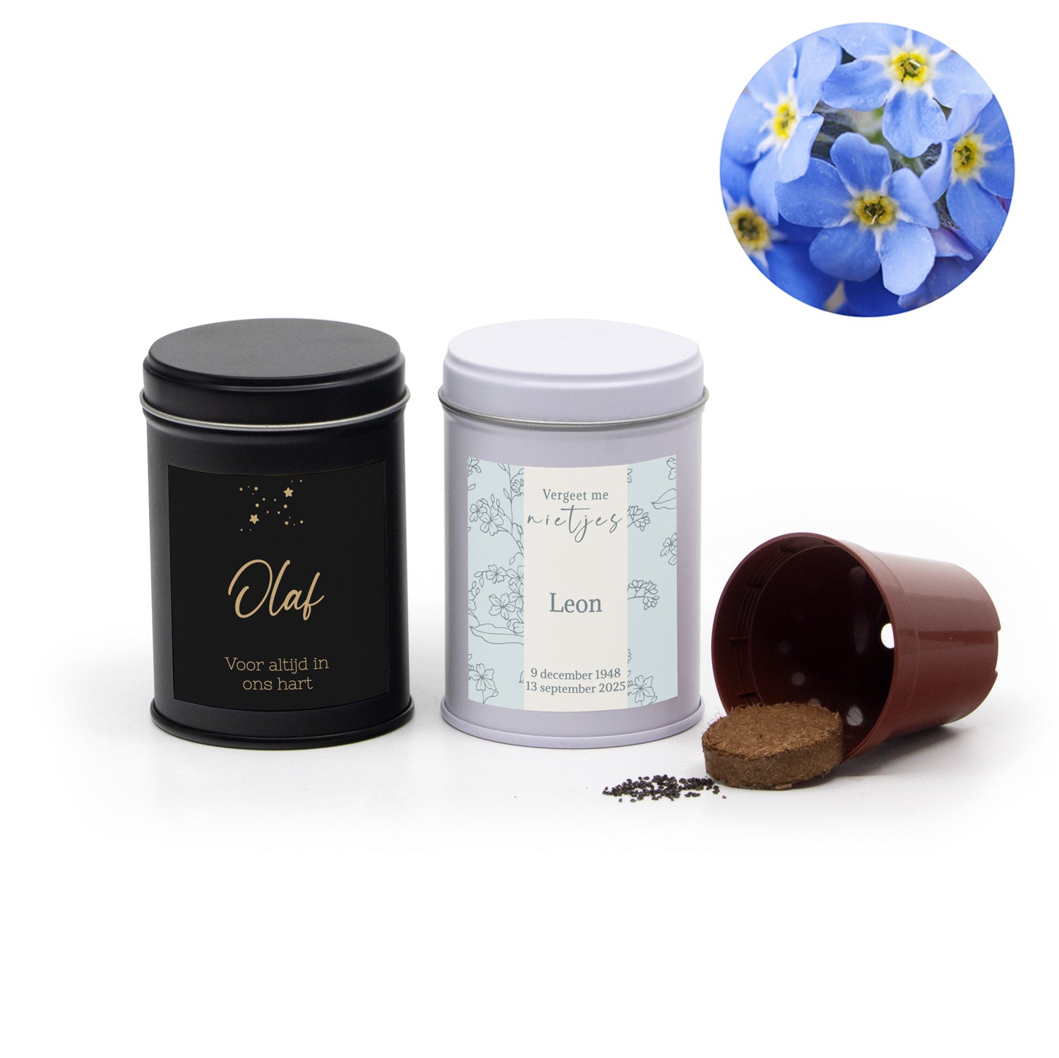 Vergeet mij nietjes in blikje met eigen etiket - Afscheid Dierbare - Bedankjes.nl