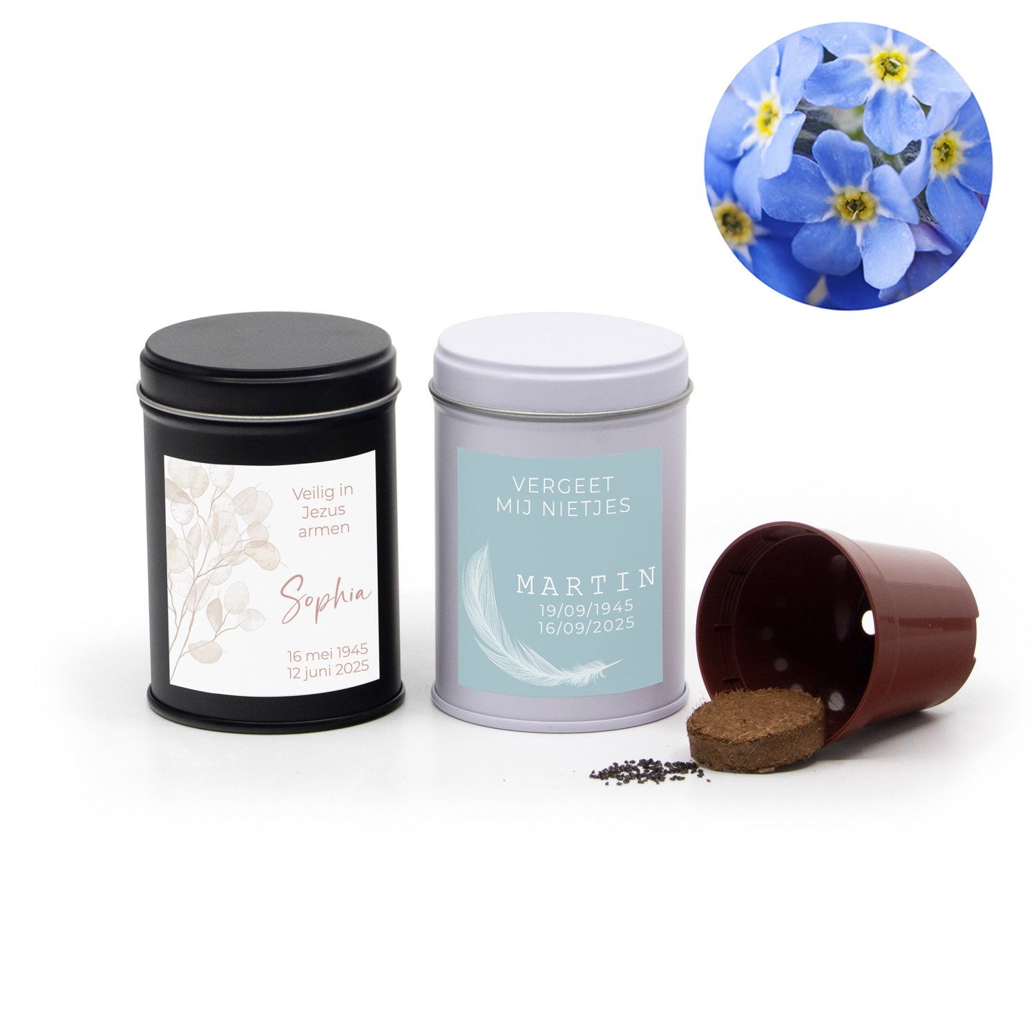 Vergeet mij nietjes in blikje met eigen etiket - Afscheid Dierbare - Bedankjes.nl