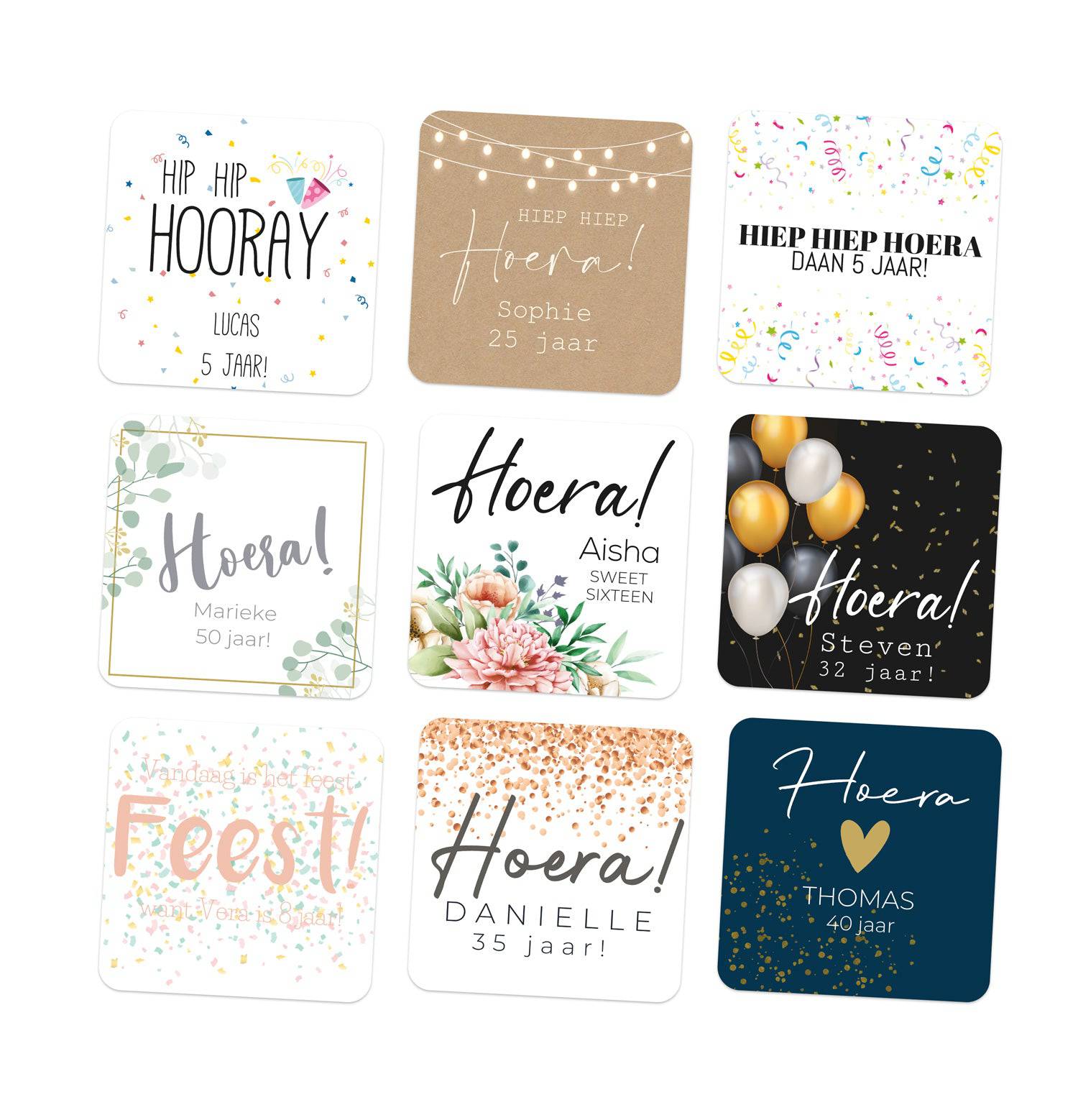Persoonlijke vierkante stickers 15 stuks (5 x 5cm) - Verjaardag - Bedankjes.nl