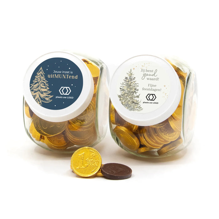 Persoonlijke snoeppot 0,4L met chocolade munten - Kerst