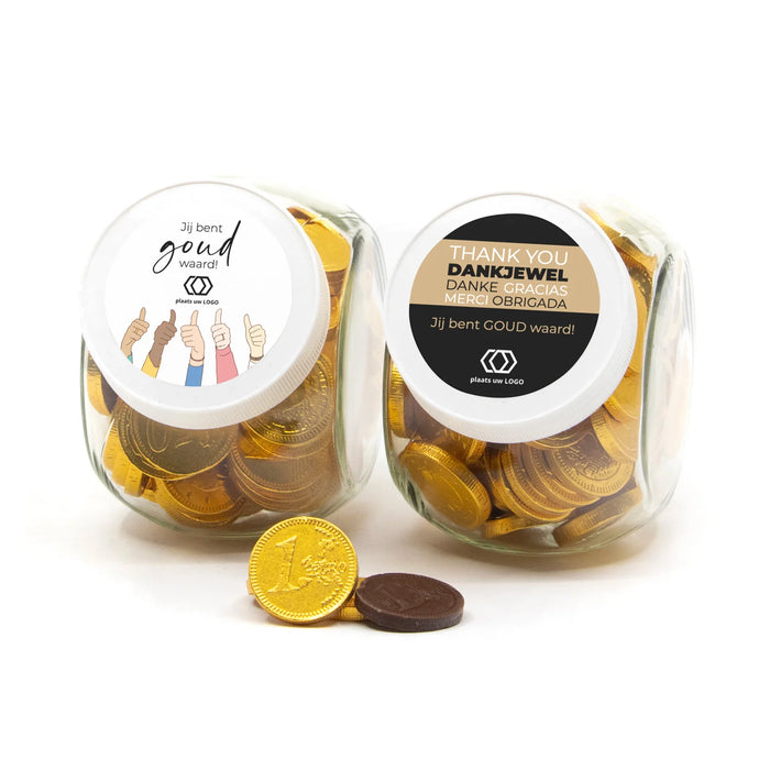 Glazen snoeppot 0,4L met gouden munten - Vrijwilliger