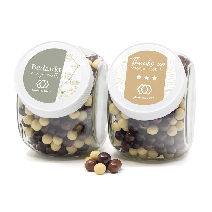 Glazen snoeppot 0,9L met eigen etiket - Zakelijk