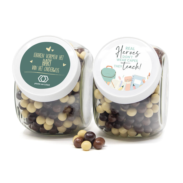 Glazen snoeppot 0,9L met eigen etiket - Leraar