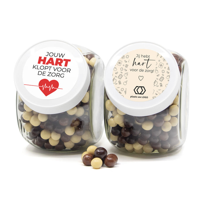 Glazen snoeppot 0,9L met eigen etiket - Verpleging