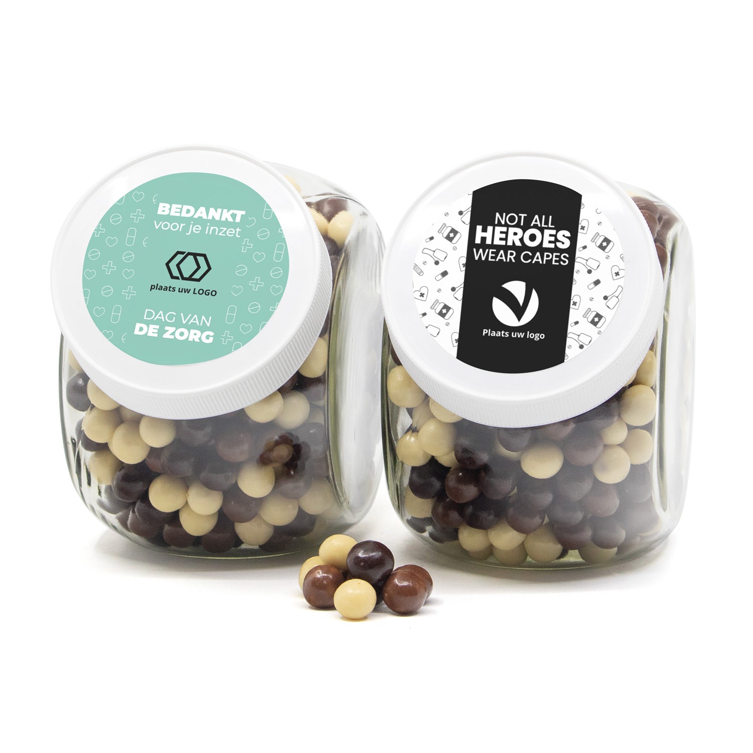 Glazen snoeppot 0,9L met eigen etiket - Verpleging - Bedankjes.nl