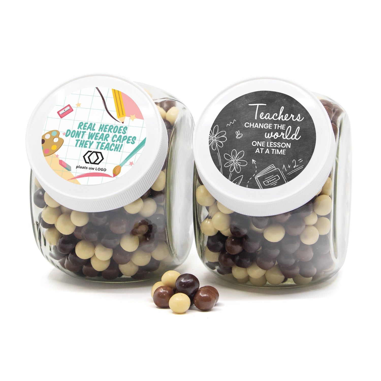 Glazen snoeppot 0,9L met eigen etiket - Leraar - Bedankjes.nl
