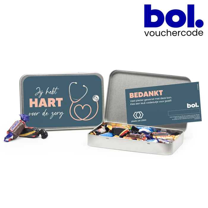 Blik met eigen etiket en bol.com tegoed - Verpleging