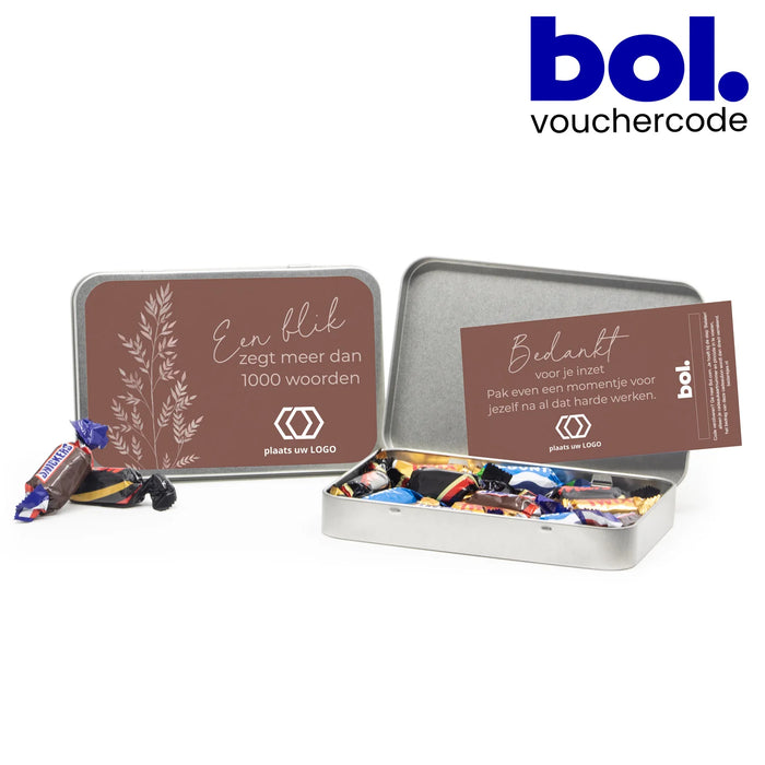 Blik met eigen etiket en bol. tegoed - Zakelijk