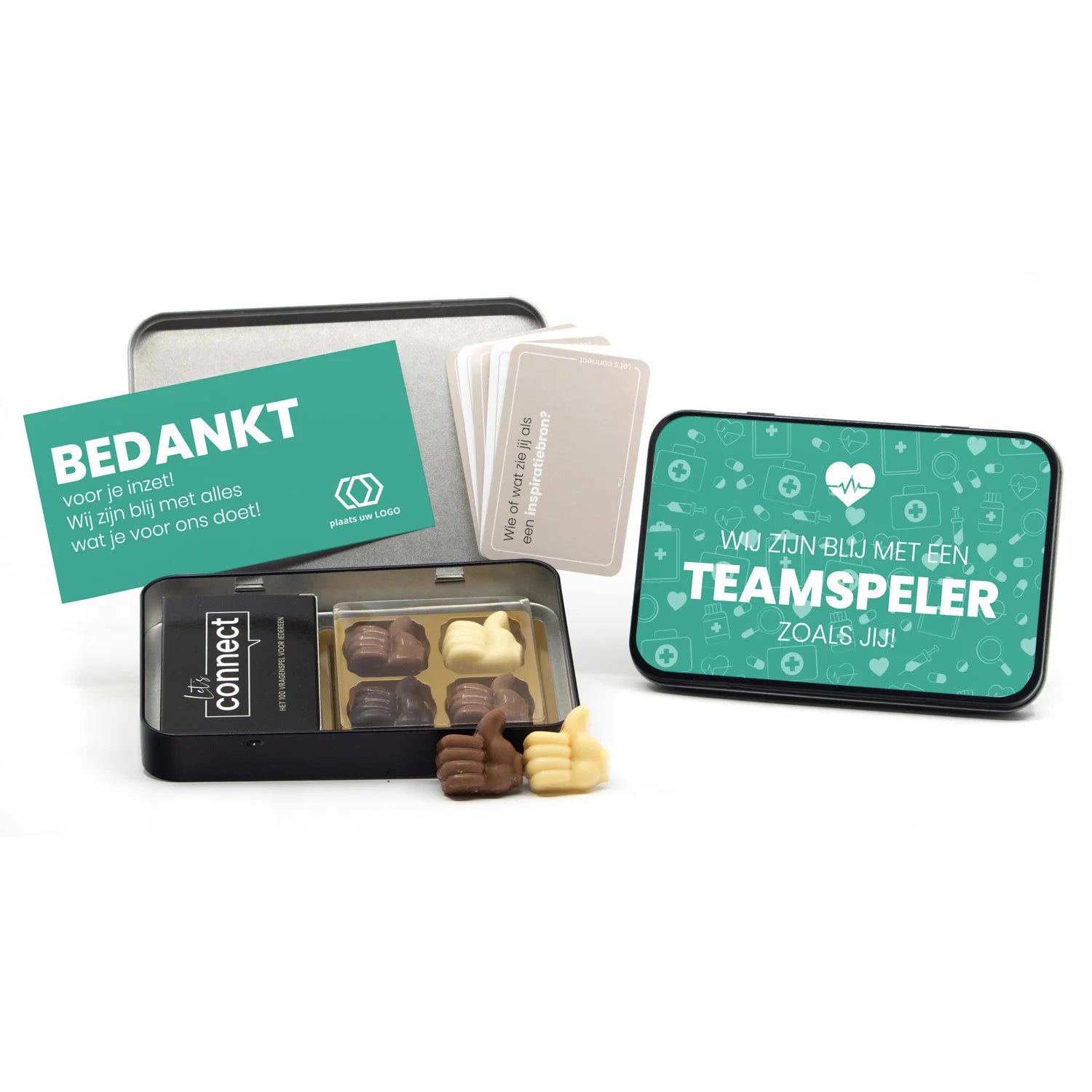 Let's Connect vragenspel in blik met chocolade duimpjes - Verpleging - Bedankjes.nl