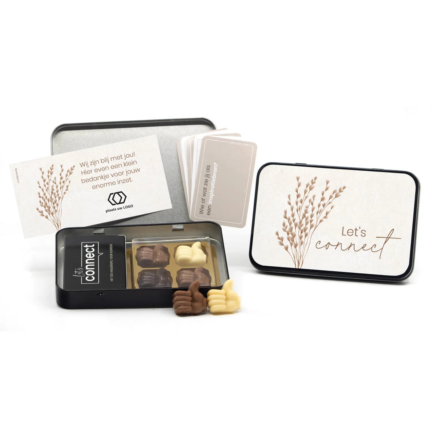 Let's Connect vragenspel in blik met chocolade duimpjes - Verpleging - Bedankjes.nl
