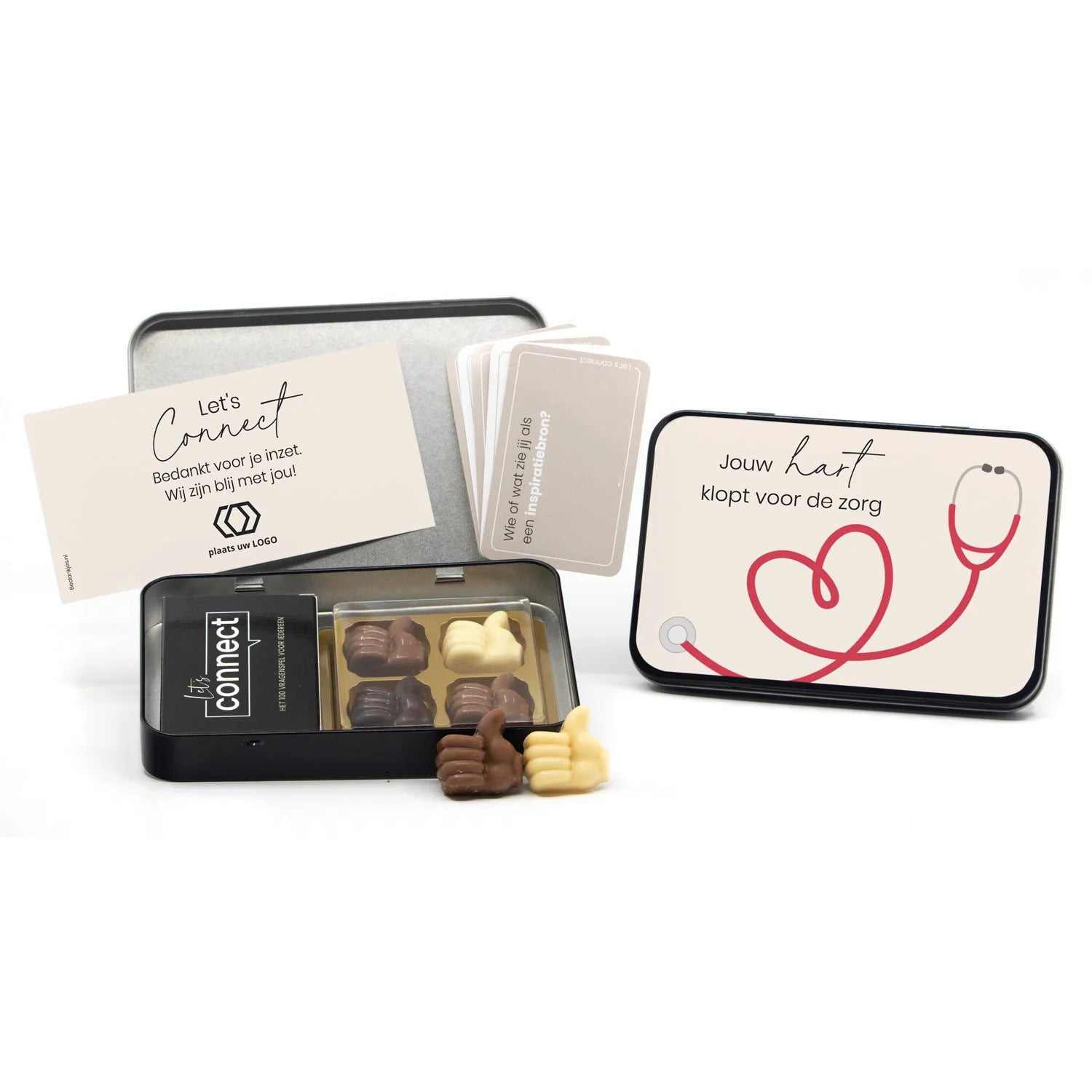 Let's Connect vragenspel in blik met chocolade duimpjes - Verpleging - Bedankjes.nl