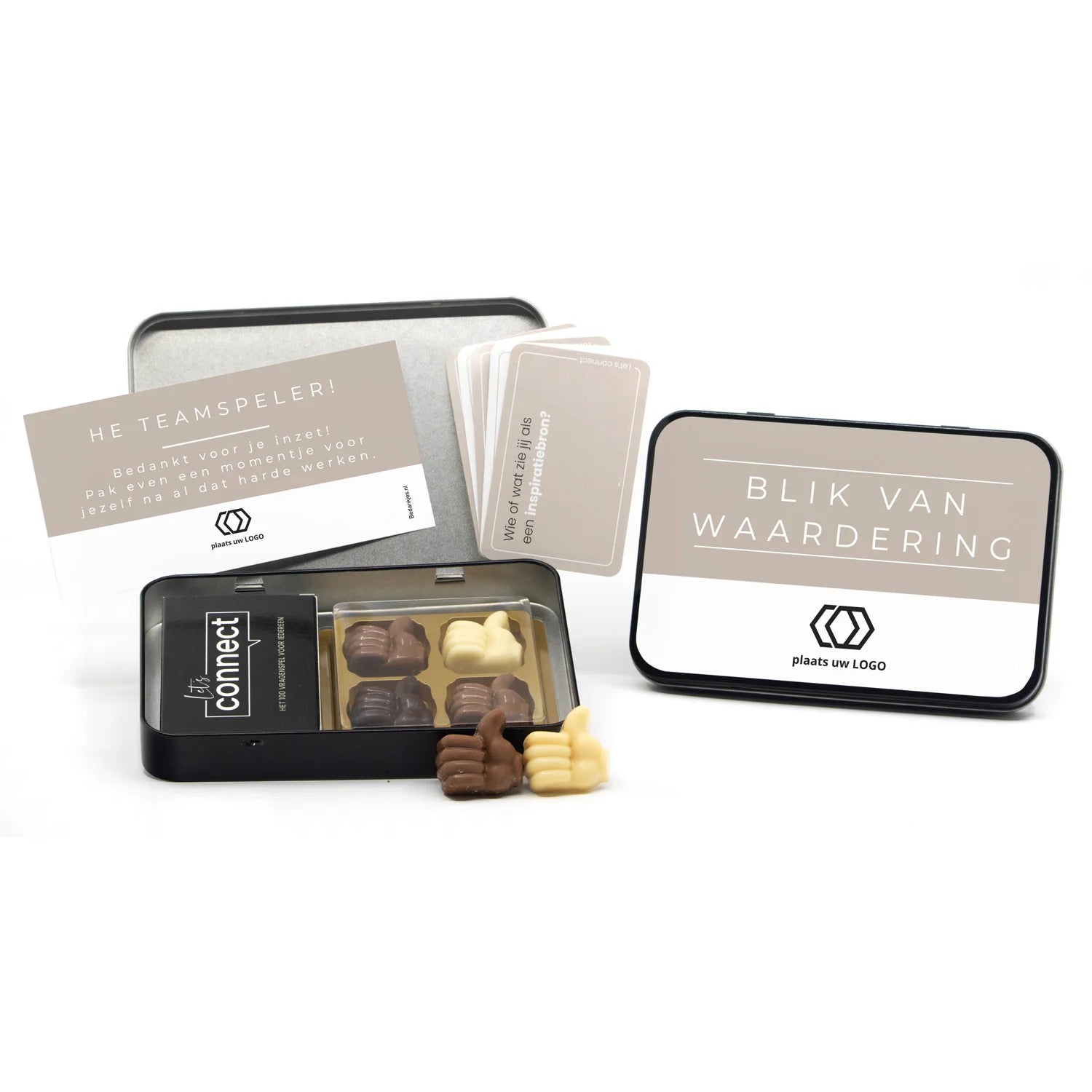 Let's Connect vragenspel in blik met chocolade duimpjes - Zakelijk - Bedankjes.nl