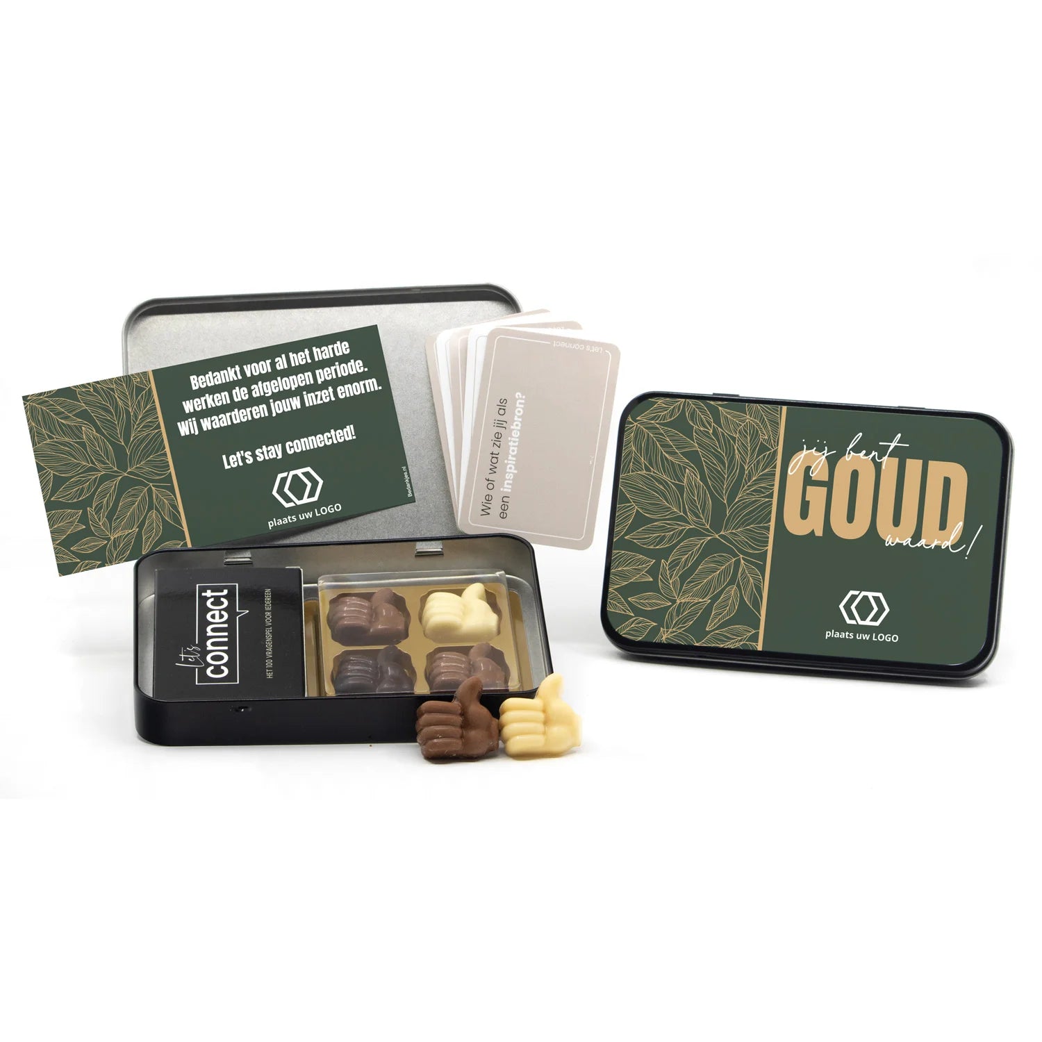 Let's Connect vragenspel in blik met chocolade duimpjes - Zakelijk - Bedankjes.nl