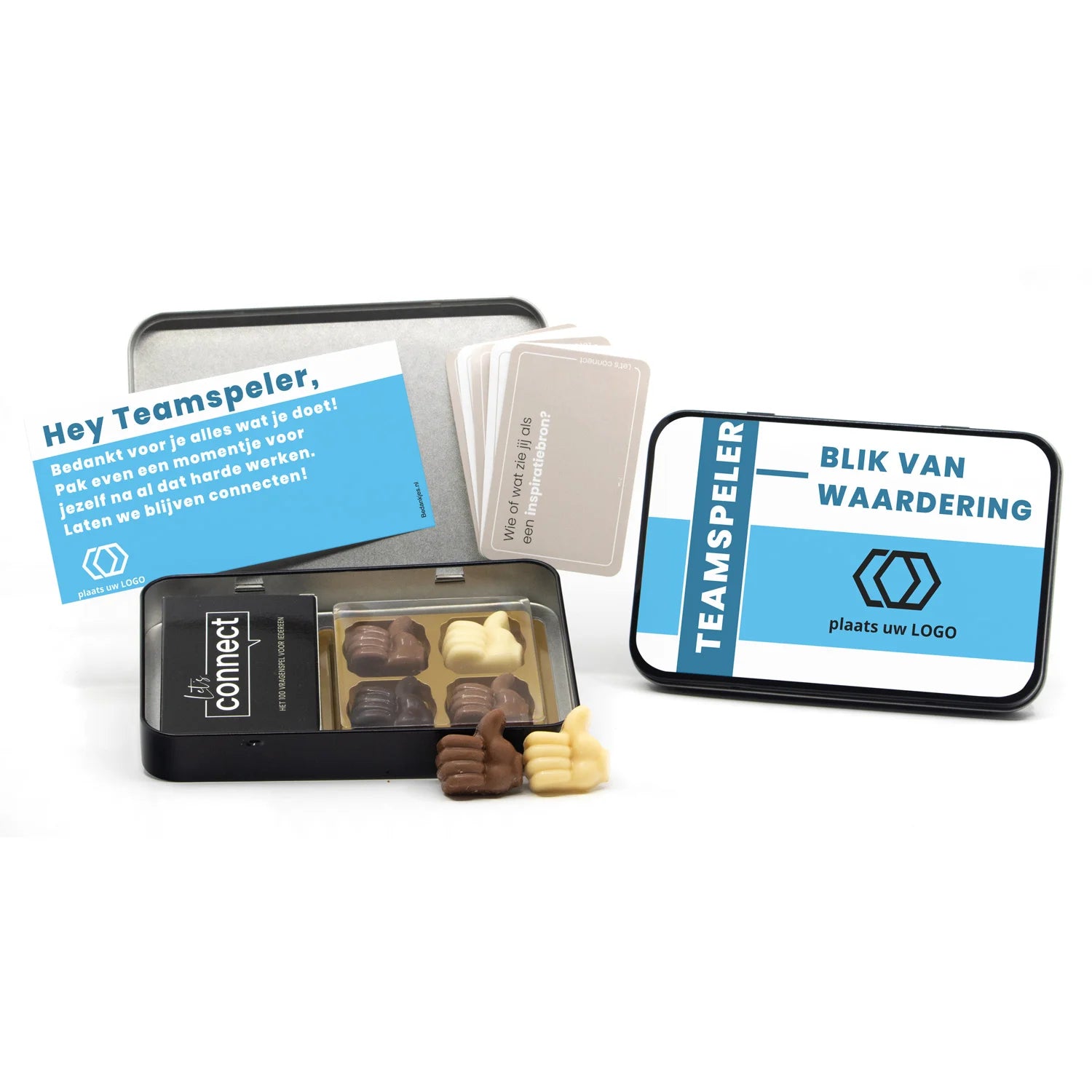 Let's Connect vragenspel in blik met chocolade duimpjes - Zakelijk - Bedankjes.nl