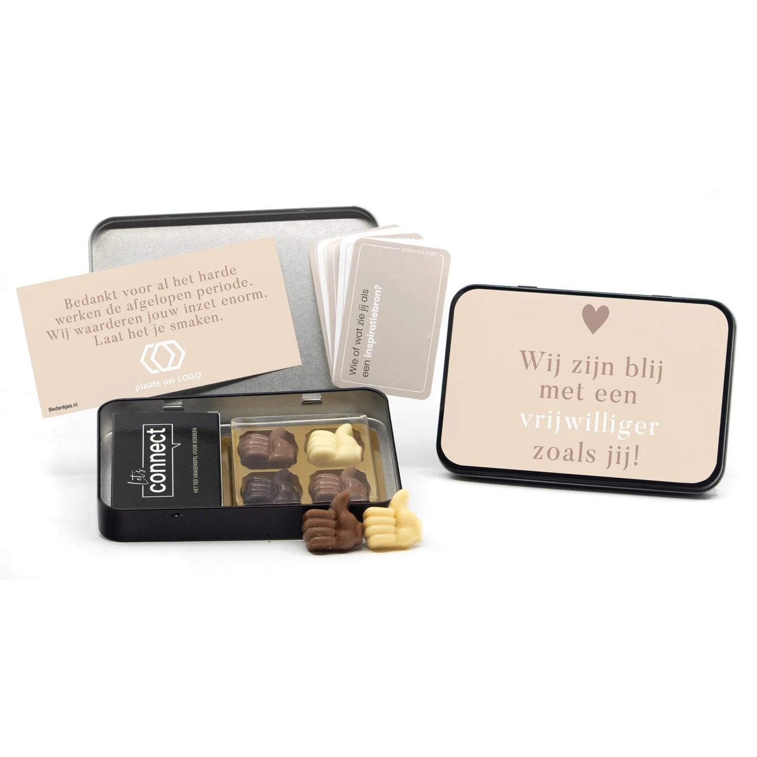 Let's Connect 100 vragenspel in blik met chocolade duimpjes - Vrijwilliger