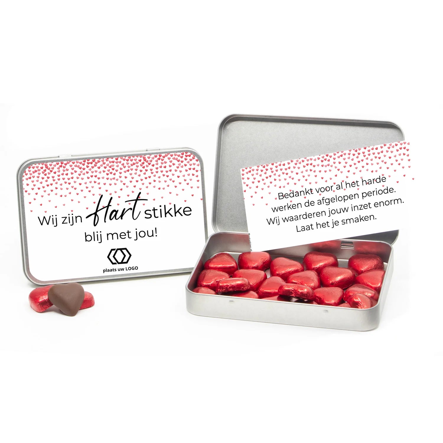 Chocolade harten in blik met persoonlijke kaart - Zakelijk - Bedankjes.nl