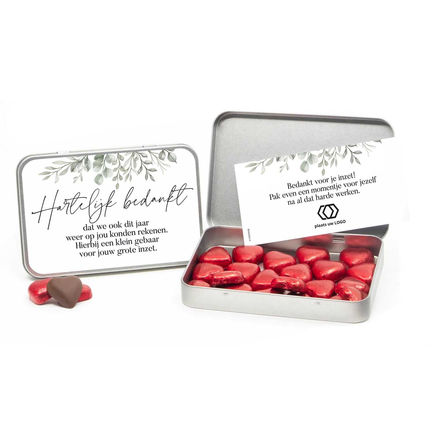 Chocolade harten in blik met persoonlijke kaart - Brievenbus - Bedankjes.nl