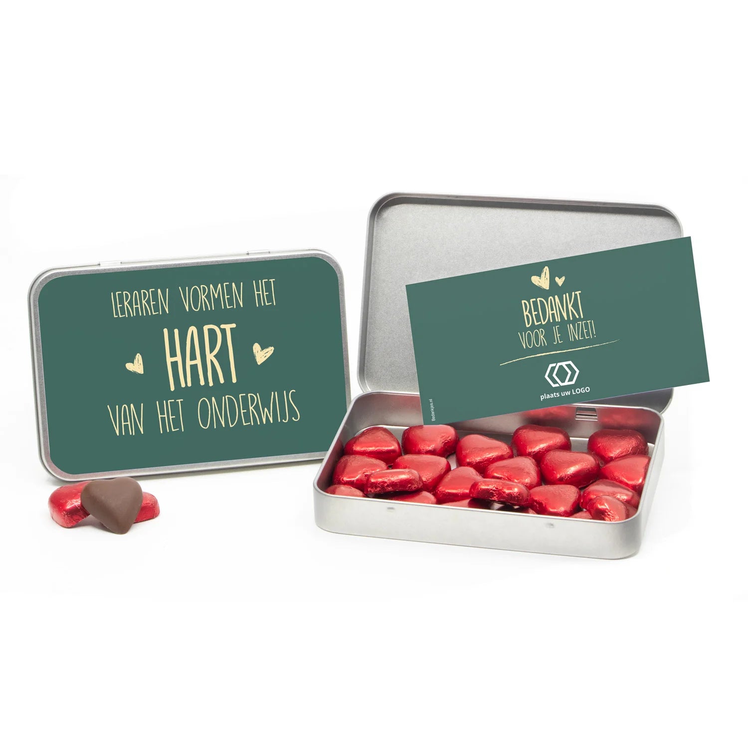 Chocolade harten in blik met persoonlijke kaart - Leraar - Bedankjes.nl